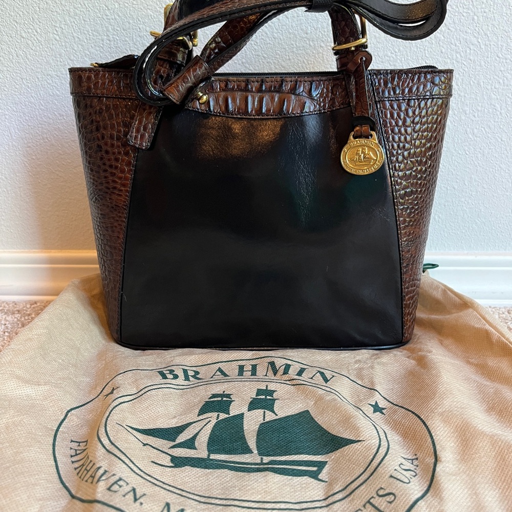 Brahmin Black and Brown Satchel with Croc-Embossed Accents